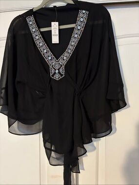 White House Black Market Black Chiffon Wrap Top with Blue Embroidery